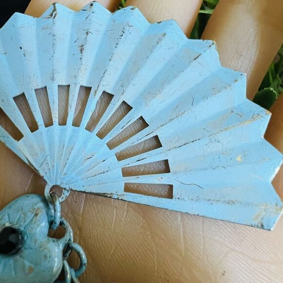 Vintage Enamel Steampunk Whimsical Fan Heart Dangle Chain Brooch Unique 4264 - Picture 5 of 10